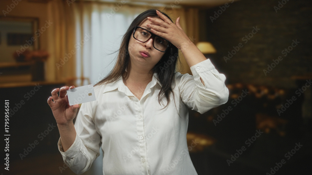 Φωτογραφία Woman holding white card and hand pressed to forehead in a living room building; financial frustration