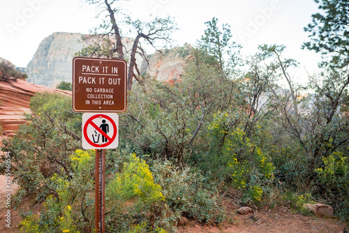 A no littering sign along the West Rim Trail in Zion National Park, Utah
