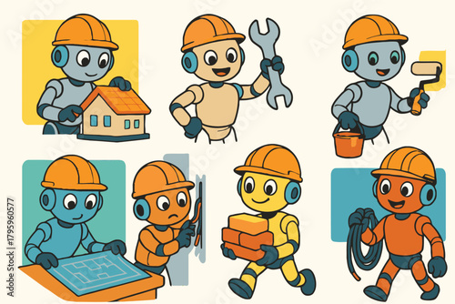 Cute construction robots engaged in various building and repair tasks with tools and materials