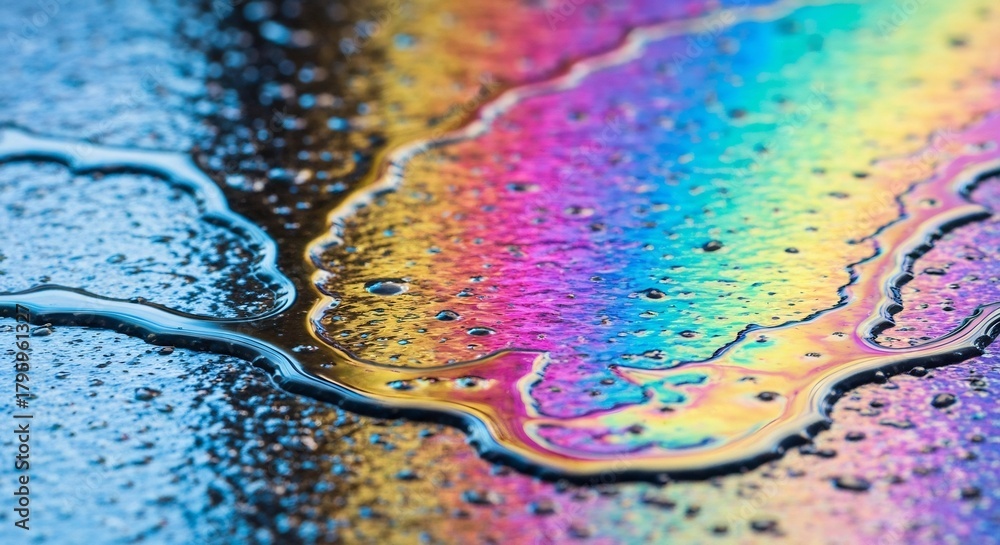 Naklejka premium Iridescent liquid on asphalt displaying rainbow hues and oily sheen