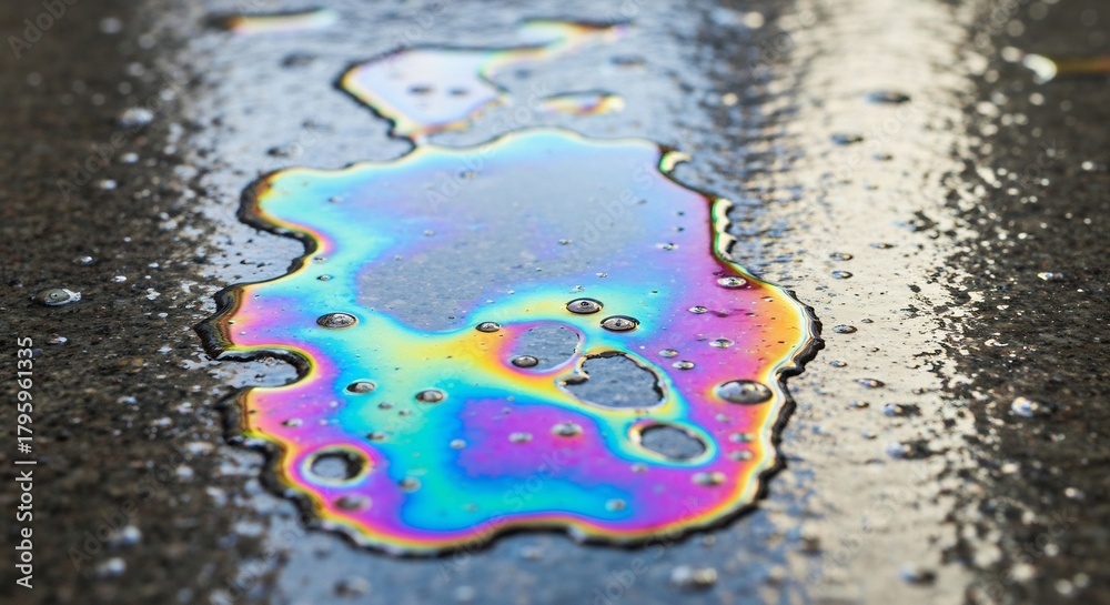 Naklejka premium Iridescent liquid spill on dark pavement with colorful rainbowlike patterns and small bubbles