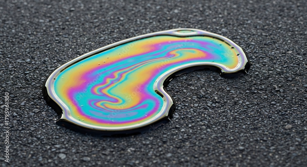 Naklejka premium Iridescent puddle of oil on asphalt swirled colors and black outline