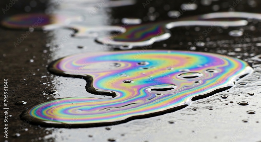 Naklejka premium Multicolored rainbow oil slick on asphalt surrounded by scattered droplets creates a striking visual contrast