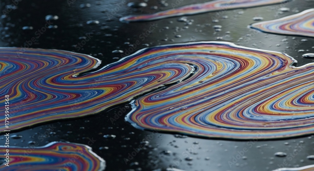 Naklejka premium Oil slick on wet asphalt rainbow swirls reflect on the black surface with water droplets