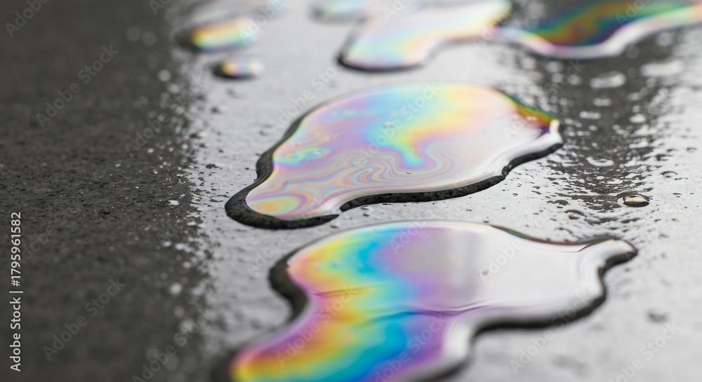 Naklejka premium Oil spills on gray pavement show rainbow iridescence closeup