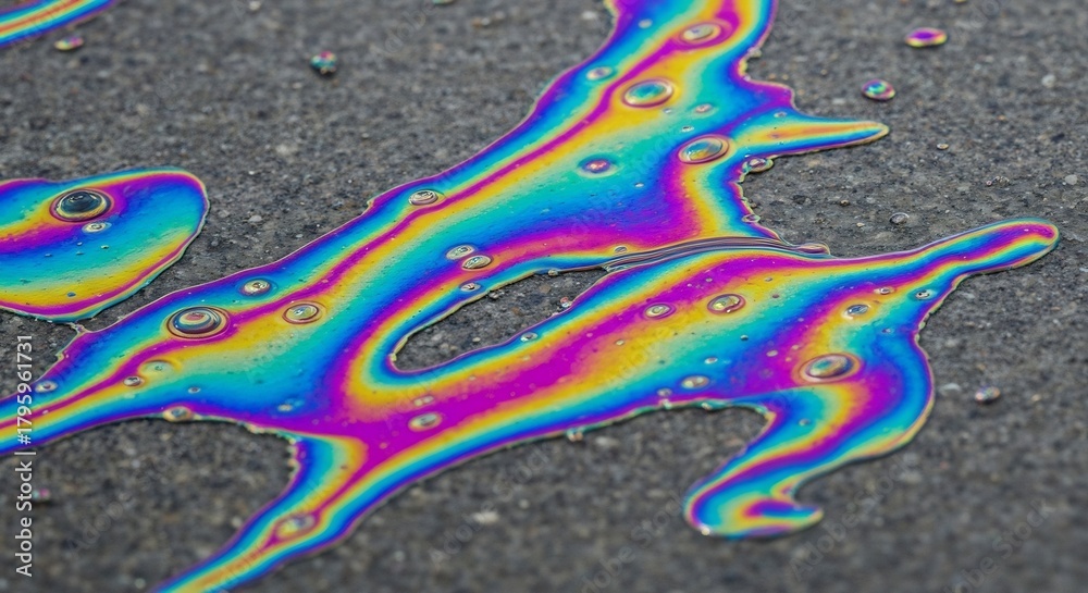 Fototapeta premium Rainbowcolored oil slick on dark asphalt showing iridescence and bubblelike patterns