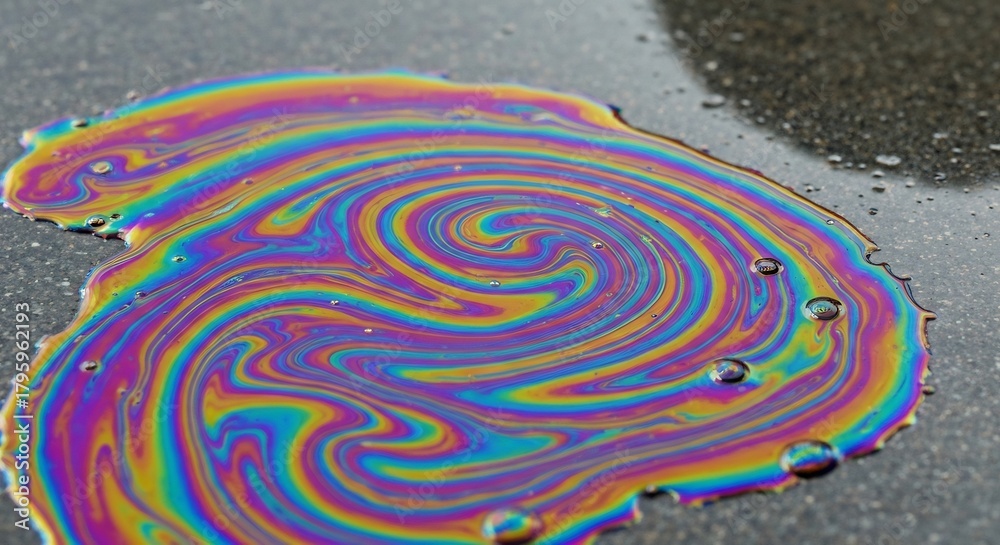 Obraz premium Swirling rainbowcolored oil slick on asphalt reflecting vivid hues in a circular pattern with water droplets