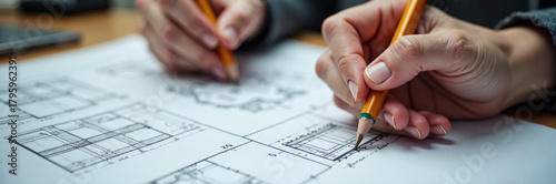 Blueprint drawing with hand and pencil for architectural planning and design, showcasing technical skill in creating blueprints.