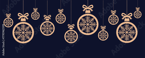 Elegant, minimalist holiday banner with hanging light gold Christmas ornaments, each featuring a prominent snowflake motif. Suspended by bows against a dark navy blue background.