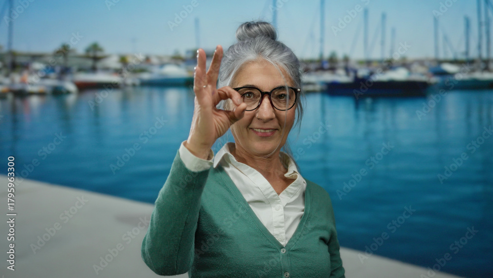 Fototapeta premium Senior woman smiling by the seaside with boats at port, making okay gesture, wearing glasses, grey hair in an outdoor scenic view, perfect for capturing nautical vibes.
