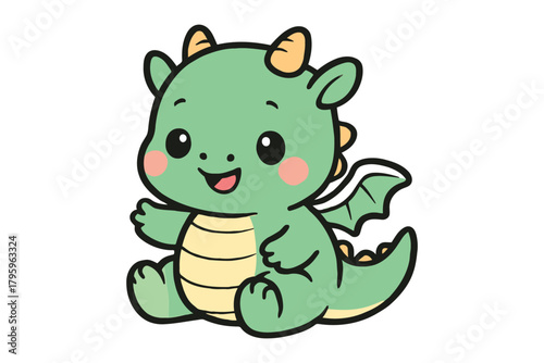 Adorable green cartoon dragon with big eyes and rosy cheeks sitting happily