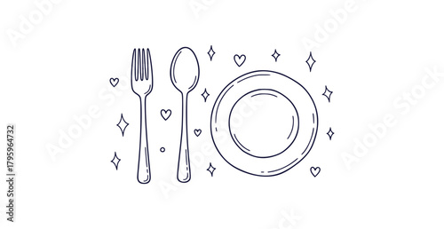 Charming hand drawn doodle illustrations of kitchen utensils cutlery and decorative elements on a clean white background