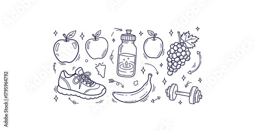 Hand drawn doodle icons representing a healthy lifestyle including fruits water bottle running shoe sparkles stars and arrows for wellness themes