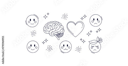 Minimalist mental health doodle clipart set featuring brain heart and calm faces for self care printables