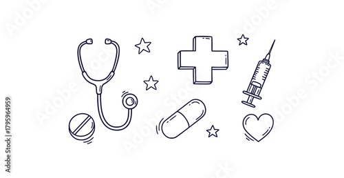 Collection of hand drawn medical icons featuring stethoscope cross pill syringe and heart on white background