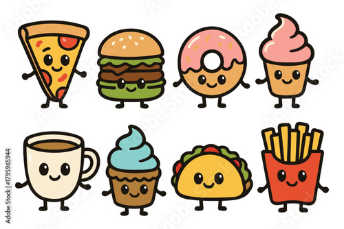 Adorable kawaii style cartoon fast food characters with happy faces and simple designs