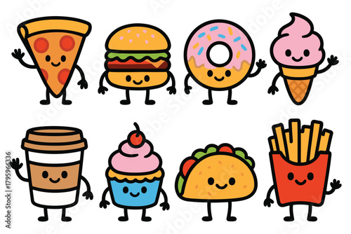 Collection of adorable kawaii style cartoon fast food characters with happy faces