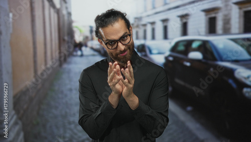 Man with glasses rubbing fingers together in black shirt on cobblestone street; scheming slyness cunning intent.