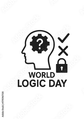 World Logic Day icon featuring human head silhouette with gear, checkmark, cross and padlock in modern minimal style

