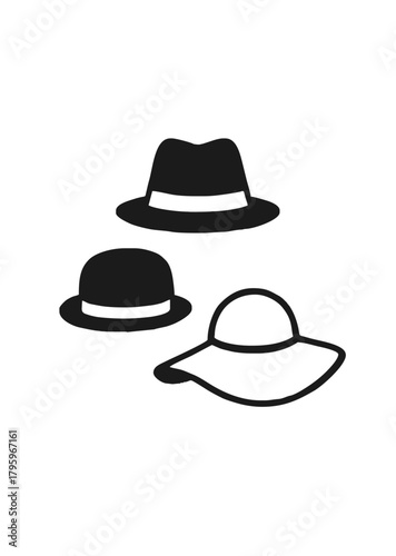 Set of three hat icons including fedora, bowler and sunhat in minimalist black silhouette style for fashion graphics
