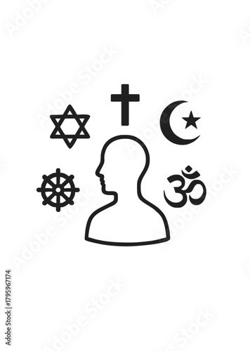 Human profile icon surrounded by multiple religious symbols in minimalist design representing faith diversity and spiritual concepts
