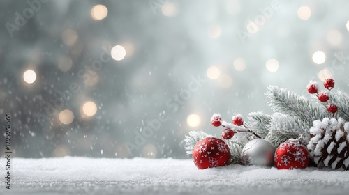A festive winter scene with snow-covered branches, red berries, and pinecones under soft bokeh lights.