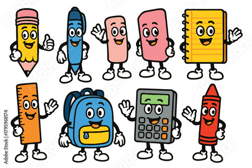 Collection of cheerful cartoon school supplies with eyes and smiles standing together