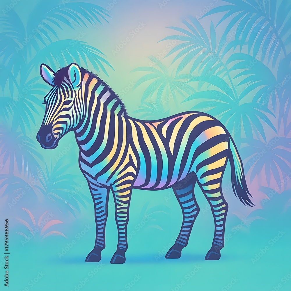 Fototapeta premium Standing Zebra with Rainbow Stripes in Tropical Palm Background