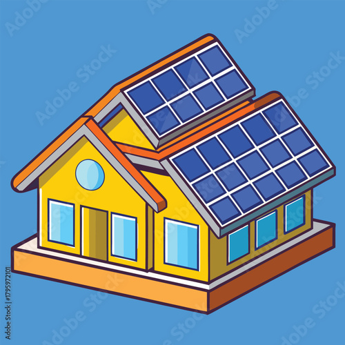 Modern yellow house with solar panels on roof generating clean renewable energy for sustainable living and eco friendly home