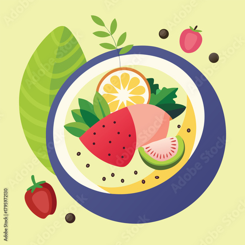 Vibrant flat illustration of a delicious fresh fruit salad bowl with strawberries orange slices and mint leaves on a light yellow background