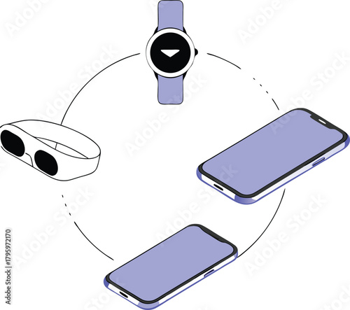 Modern technology devices including a smartwatch two smartphones and vr glasses connected in a circular network illustrating digital connectivity and data flow