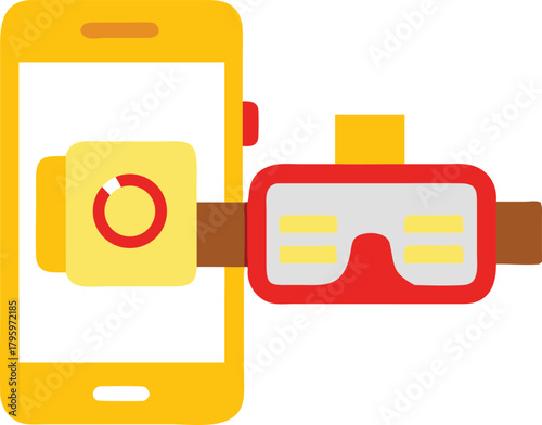 Modern smartphone with a virtual reality headset attached to the screen displaying a loading icon representing immersive digital experiences and technology