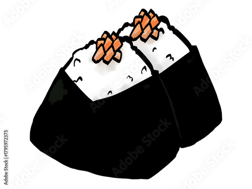 鮭おにぎりのイラスト （海苔・筆タッチ） シンプル / Salmon Rice Ball (Hand-Drawn Brush Style)