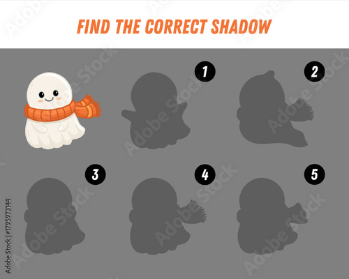 Find correct shadow of cute ghost. Educational logical game for kids. Halloween game. Cartoon ghost fly. Vector
