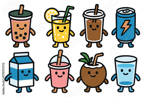Adorable kawaii characters of popular beverages and drinks with cute faces