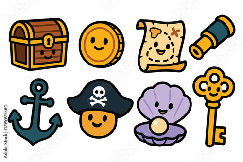 Charming cartoon pirate treasure map icons featuring a chest coin spyglass and more