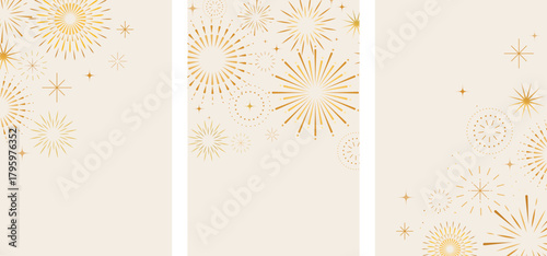 Golden abstract fireworks vertical backgrounds for Christmas, New Year and 4th of July designs