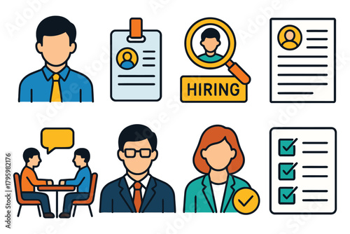 Recruitment process icons illustrating hiring interviewing and candidate evaluation