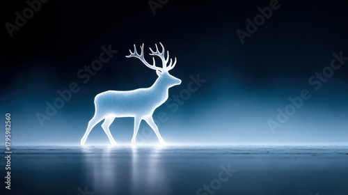 Glowing mystical winter deer walking through dense fog, creating enchanting atmosphere in serene landscape