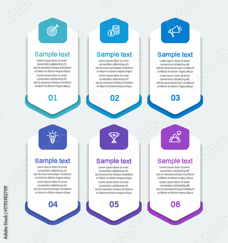 Business infographic vector design template with 6 options, steps or processes