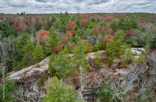 Aerial view of Wickaboxet Rock (Rattlesnake Ledge), Rhode Island in late autumn 