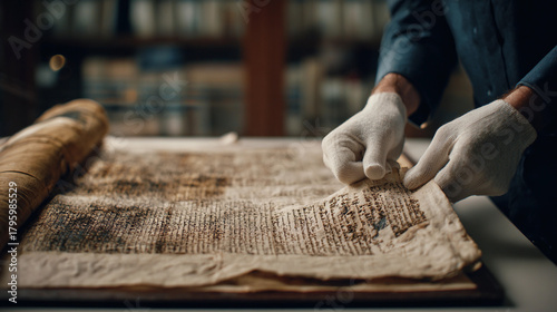 Restorer repairing ancient manuscript in library