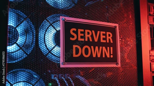 Server down sign attached to a computer server with cooling fans illuminated in blue and red lighting indicating a system failure or maintenance issue in a data center environment