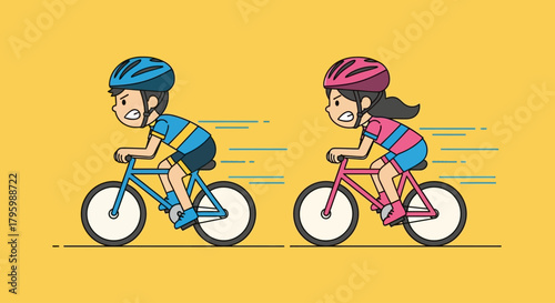 Two cartoon children, a boy and a girl, intensely racing bicycles side-by-side, wearing helmets and sportswear on a plain yellow background.