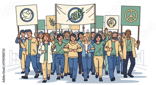 A diverse group of people marching for peace, holding signs with peace symbols and an olive branch banner.