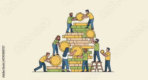 A diverse group of people working together to build a large stack of coins and money, symbolizing financial growth and teamwork.