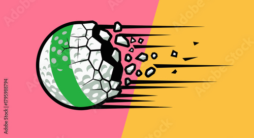 A golf ball exploding into pieces with motion blur against a split pink and yellow background.