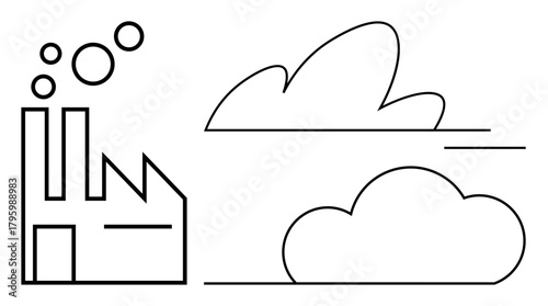 Factory emitting smoke alongside simplified cloud shapes, symbolizing industrial pollution, environmental impact, and sustainability. Ideal for industries, pollution, environment, energy, climate