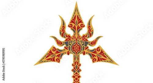 Ornate golden trident design with intricate patterns and vibrant colors, symbolizing power and divinity.