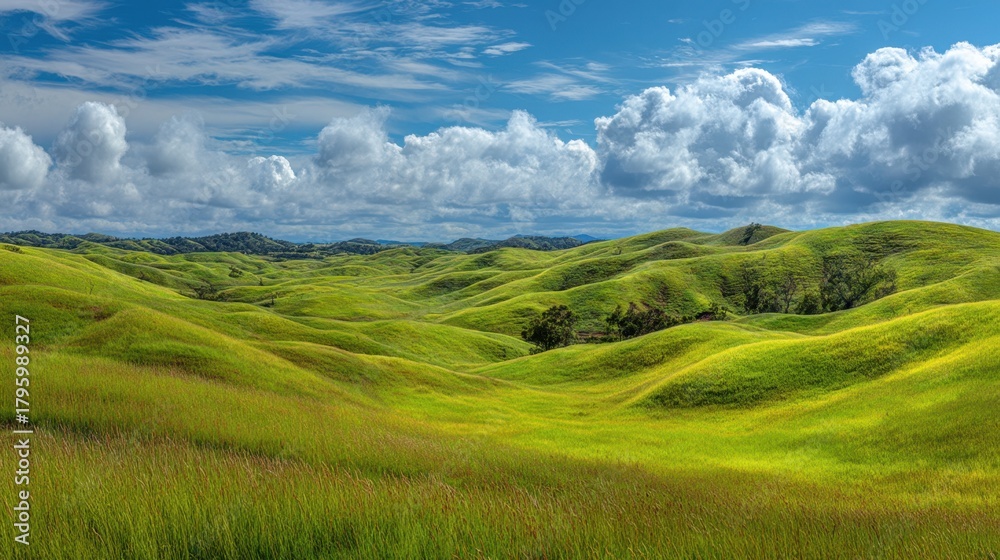 Fototapeta premium Lush Green Rolling Hills under a Bright Blue Sky with Fluffy White Clouds in a Serene Natural Landscape